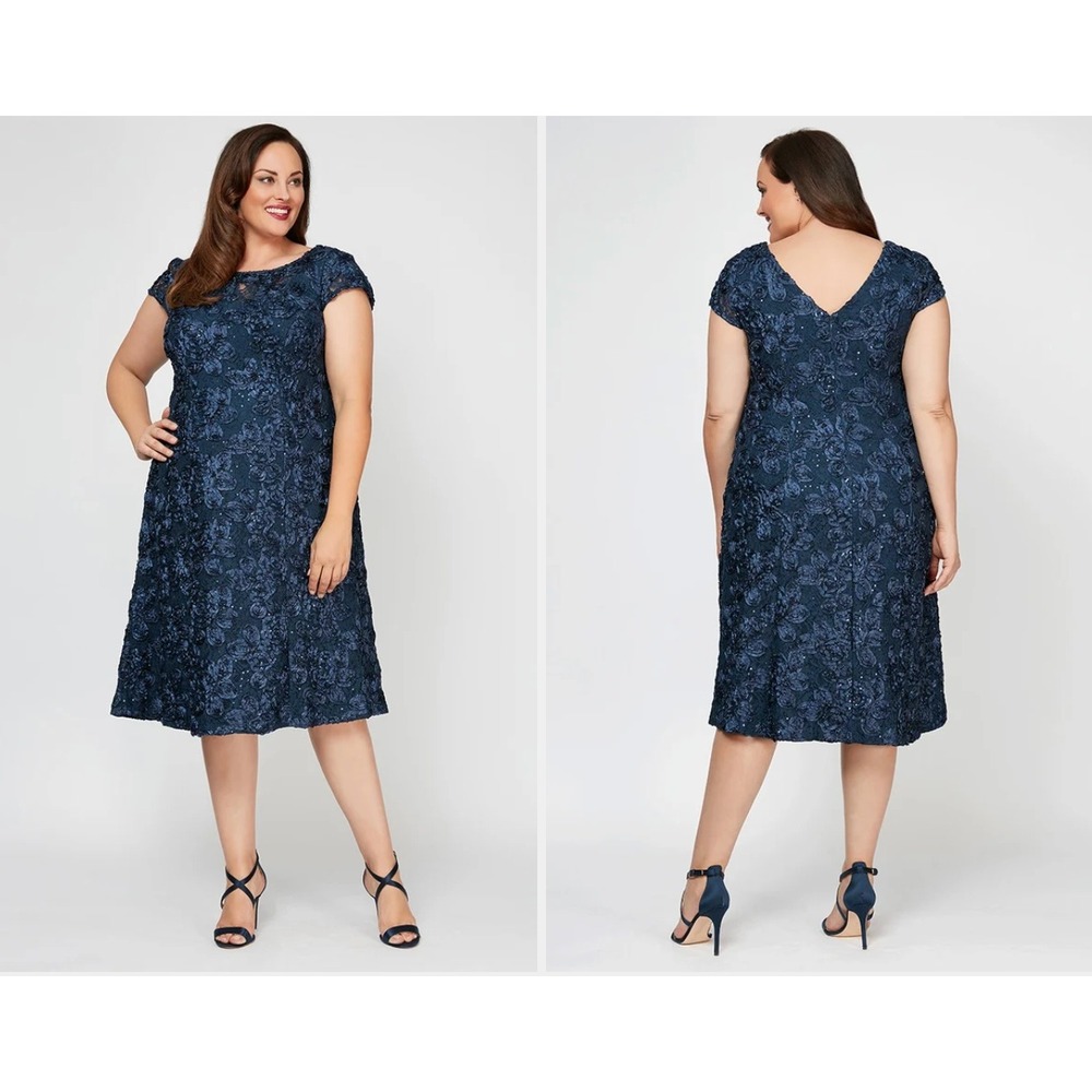 Alex Evenings Navy Blue Rosette Lace Sequin Cocktail Dress 14W 1121570